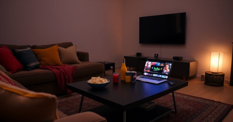 A cozy living room with a plush sofa adorned with colorful cushions, a sleek coffee table holding popcorn and drinks, and a glowing laptop on the table streaming Hulu. Soft ambient lighting creates an inviting atmosphere, while a wall-mounted TV sits dark, emphasizing the choice between traditional and modern viewing options.