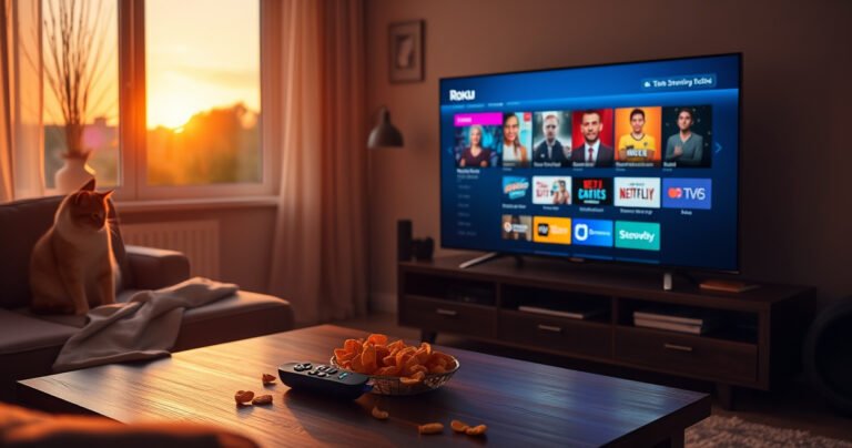 A cozy living room with a sleek smart TV displaying vibrant streaming options, a Roku remote on a coffee table surrounded by snacks, warm lighting casting a relaxing ambiance, a cat lounging nearby, and a window showing a sunset outside, inviting viewers to explore the allure of TV streaming choices.
