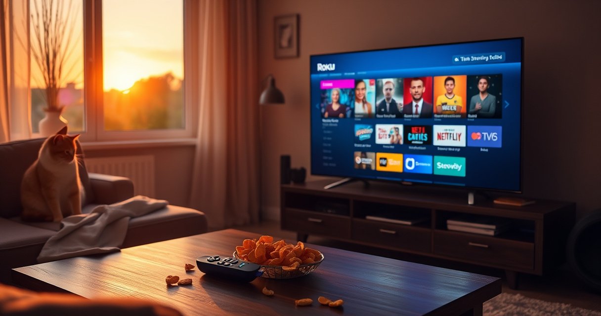 A cozy living room with a sleek smart TV displaying vibrant streaming options, a Roku remote on a coffee table surrounded by snacks, warm lighting casting a relaxing ambiance, a cat lounging nearby, and a window showing a sunset outside, inviting viewers to explore the allure of TV streaming choices.