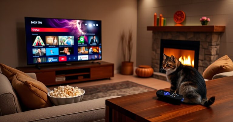 A cozy living room with a sleek smart TV displaying vibrant streaming content, surrounded by a plush sofa, popcorn bowl, and a glowing fireplace. A curious cat watches intently, while a Roku device sits elegantly on a modern entertainment unit, hinting at the choice between simplicity and enhanced functionality in home entertainment.