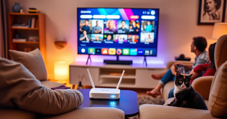 A cozy living room scene featuring a sleek smart TV displaying vibrant streaming content, surrounded by plush furniture and a warm ambiance. A WiFi router glows softly on a nearby table, while a curious cat lounges nearby, and a family enjoys movie night together, emphasizing connection and technology in modern home life.