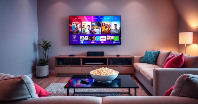 A cozy living room with a sleek smart TV mounted on a wall, displaying vibrant streaming content. A plush sofa adorned with colorful cushions faces the TV, while a stylish coffee table showcases a bowl of popcorn and remote controls. Soft ambient lighting creates a warm atmosphere, inviting viewers to explore the future of television.