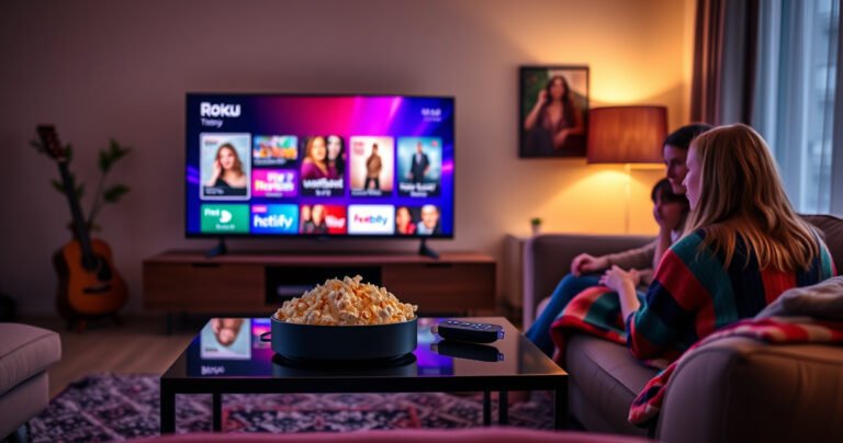 A cozy living room with a sleek smart TV displaying vibrant streaming content. A stylish Roku device sits prominently on a modern coffee table, surrounded by popcorn and a remote. Dim ambient lighting enhances a relaxed atmosphere, while a colorful throw blanket drapes over a plush sofa. Family members gather, engrossed in entertainment, embodying the essence of home viewing.