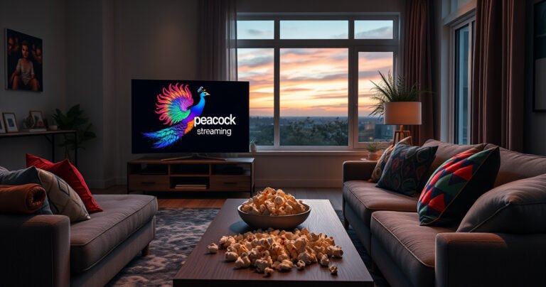 A cozy living room with a plush sofa, a sleek smart TV displaying the vibrant Peacock streaming logo, popcorn scattered on the coffee table, soft ambient lighting casting warm hues, colorful throw pillows, and a window revealing a serene evening sky, inviting viewers to explore the world of streaming entertainment.