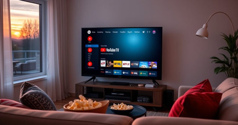 A cozy living room featuring a sleek smart TV displaying the YouTube TV interface, surrounded by a comfortable couch, soft lighting, and a bowl of popcorn, with a window showing a sunset outside, creating an inviting atmosphere for a movie night at home.