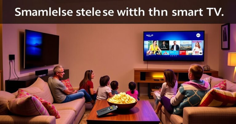 A cozy living room featuring a modern TV mounted on the wall, with an Amazon Fire Stick plugged in. A family gathered on a plush sofa, captivated by a vibrant streaming display. Warm lighting, popcorn bowl on the coffee table, and colorful cushions create an inviting atmosphere, enhancing the idea of seamless entertainment without a smart TV.