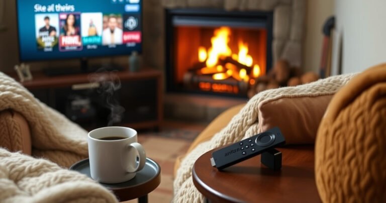 A cozy living room scene featuring a sleek Amazon Fire Stick plugged into a traditional TV, surrounded by plush cushions and a warm blanket. A steaming mug of coffee sits on a side table, with a glowing fireplace in the background, showcasing a vibrant digital display of streaming options on the screen.