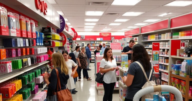 A bustling CVS store aisle filled with colorful packaging of various earphones, shoppers examining products, bright fluorescent lights illuminating the vibrant displays, a friendly employee assisting a customer, shelves stocked with health and beauty items in the background, creating a lively, inviting atmosphere that captures the essence of a retail shopping experience.