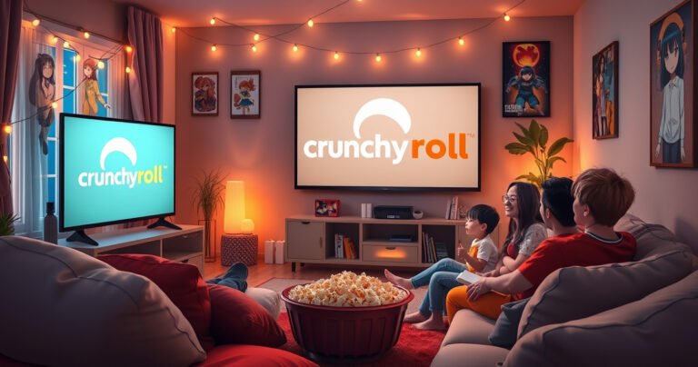 A cozy living room with a large smart TV displaying the Crunchyroll logo, surrounded by plush cushions and a bowl of popcorn, dimly lit by warm fairy lights, anime posters adorning the walls, and a family happily watching their favorite anime together, embodying a sense of comfort and togetherness.