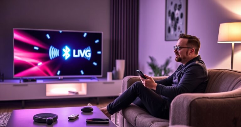 A sleek LG Smart TV glowing in a modern living room, Bluetooth symbols radiating from its screen, surrounded by cozy furniture and ambient lighting. A user sits on a plush sofa, smartphone in hand, with a curious expression, and various smart devices nearby, creating a tech-savvy atmosphere that invites connectivity and convenience.