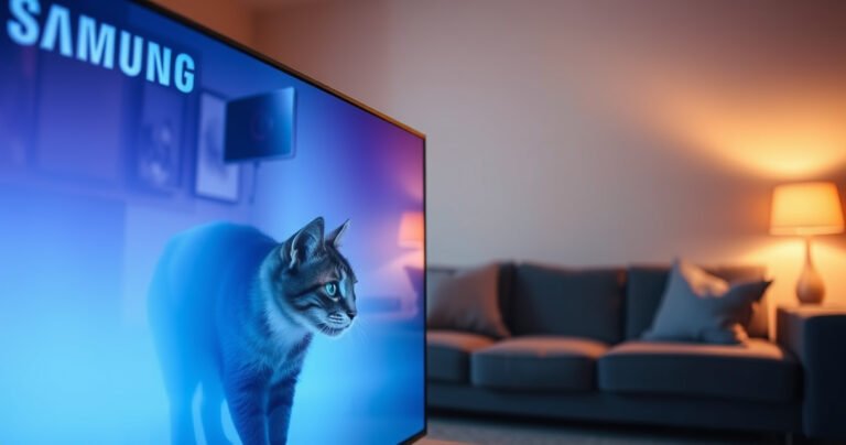 A sleek Samsung Smart TV in a cozy living room, its screen glowing softly, reflecting a curious cat peering closely at it. In the background, a stylish couch and warm lighting create an inviting atmosphere, while a subtle hint of a camera lens glimmers on the TV, sparking intrigue and mystery.