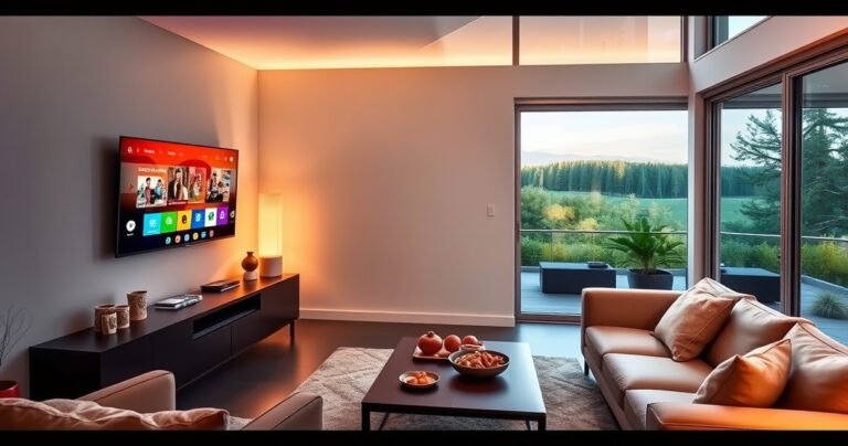 A sleek, modern living room featuring a vibrant 24-inch Samsung Smart TV mounted on the wall, displaying a colorful streaming interface. Soft, ambient lighting casts a warm glow, and stylish furniture surrounds a cozy coffee table adorned with snacks. Large windows reveal a picturesque outdoor view, enhancing the inviting atmosphere of high-tech convenience.