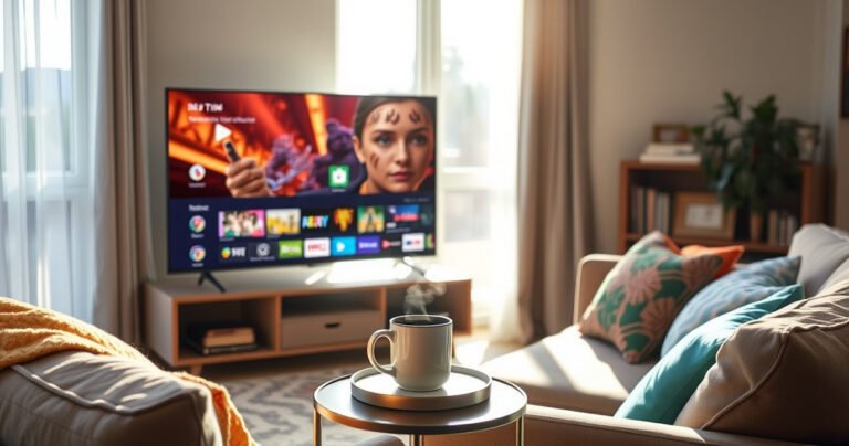 A cozy living room featuring a sleek smart TV displaying vibrant streaming apps, surrounded by a comfy couch with colorful cushions. A steaming mug of coffee sits on a stylish side table, while sunlight streams through a window, casting a warm glow over the scene, inviting viewers to explore cable-free entertainment options.