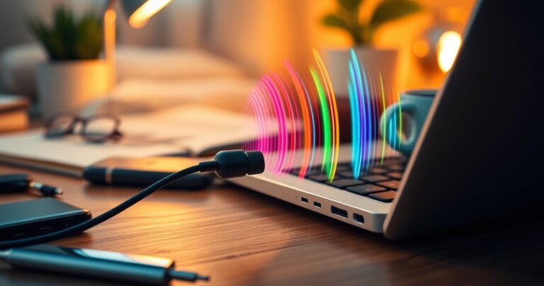 A close-up of sleek Type C earphones partially plugged into a modern laptop, vibrant sound waves illustrated in colorful arcs emanating from the connection point, surrounded by scattered tech gadgets and a warm, inviting workspace featuring a cozy coffee cup and a glowing desk lamp, capturing the essence of connectivity and modern technology.