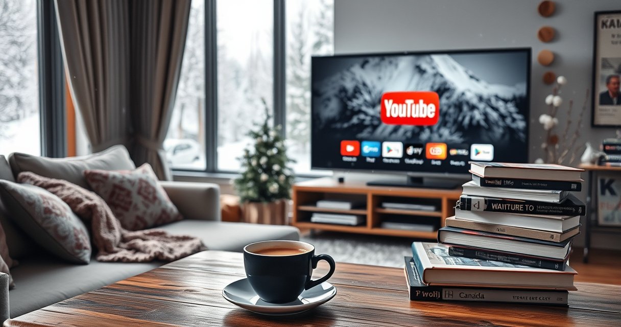 A Canadian landscape featuring a cozy living room with a large screen displaying YouTube TV, snow gently falling outside the window, a steaming cup of coffee on a wooden table, and a stack of technology books nearby, symbolizing connection and entertainment in a winter setting.
