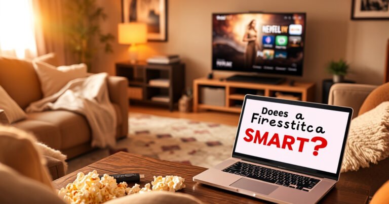 A cozy living room bathed in warm, golden light, featuring a sleek Firestick plugged into a traditional TV, surrounded by soft blankets and popcorn. On a nearby coffee table, a laptop displays a vibrant article titled “Does a Firestick Need a Smart TV?” while plush couches invite relaxation and entertainment.
