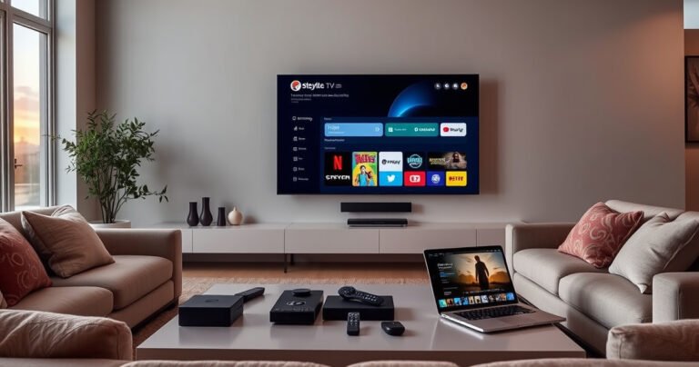 A sleek modern living room showcasing a large Smart TV mounted on a minimalist wall, surrounded by cozy furniture. A coffee table with various streaming device remotes and a laptop open to a streaming service. Soft ambient lighting creates a warm atmosphere, while a window reveals a sunset, hinting at endless entertainment possibilities.