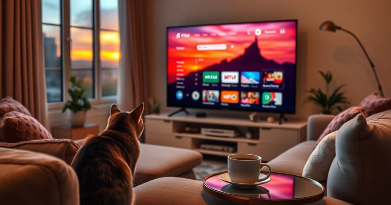 A cozy living room with a sleek smart TV displaying a vibrant streaming interface, surrounded by plush furniture and soft lighting. A curious cat sits nearby, gazing at the screen, while a window reveals a tranquil sunset outside. A steaming cup of coffee rests on a side table, adding warmth to the inviting atmosphere.
