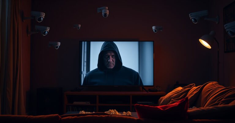 A glowing smart TV in a dimly lit living room, its screen reflecting a shadowy figure peering intently at the viewer. Surveillance cameras subtly placed in the background, with digital data streams visible in the air, creating an atmosphere of unease. A warm couch and scattered popcorn emphasize the contrast between comfort and invasion of privacy.
