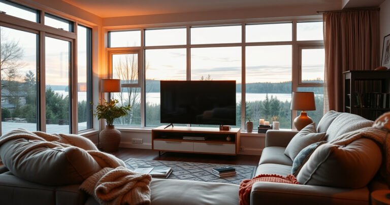 A cozy living room featuring a sleek smart TV turned off, surrounded by a comfy couch and soft blankets. A large window reveals a serene outdoor view, while scattered books and snacks hint at a perfect evening. Warm ambient lighting creates a welcoming atmosphere, inviting contemplation on technology and connectivity.