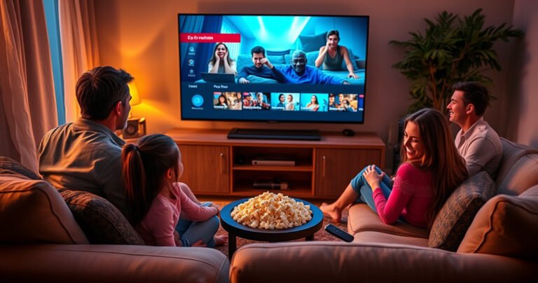 A cozy living room scene featuring a family gathered around a modern TV displaying vibrant streaming content. The Amazon Fire Stick is prominently plugged into the side of the TV. Warm lighting, plush sofas, and a popcorn bowl evoke a relaxed movie night atmosphere, highlighting the seamless integration of technology in everyday life.