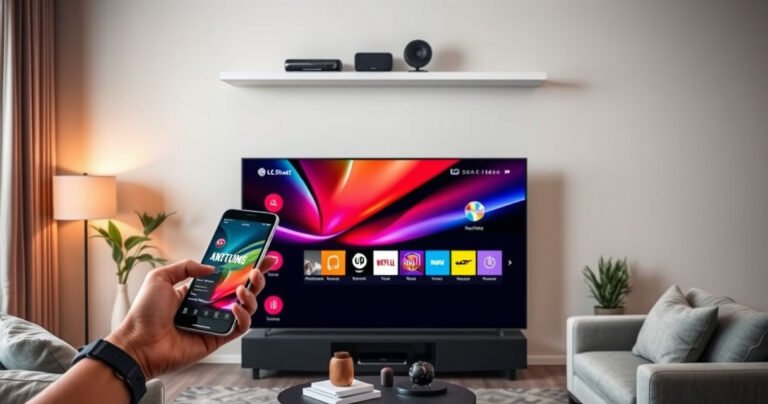 A sleek LG Smart TV displayed prominently in a modern living room, with vibrant colors on the screen showcasing streaming options. A hand holds a smartphone, hinting at Bluetooth connection, while cozy furniture and warm lighting create an inviting atmosphere. Above, a wall-mounted shelf holds entertainment gadgets, emphasizing tech integration in a stylish home setting.