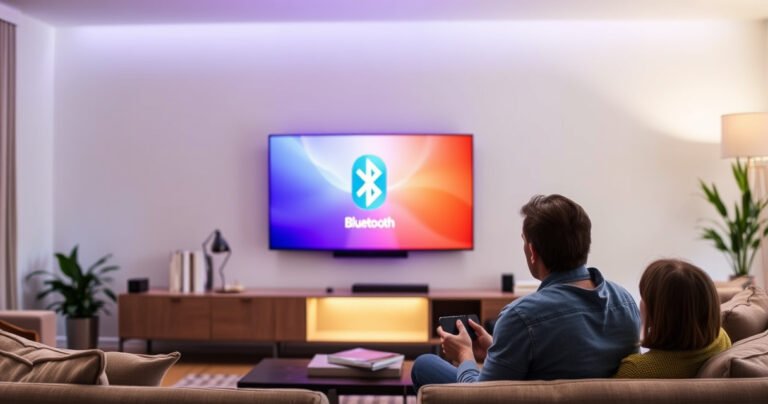 A modern living room featuring a sleek smart TV illuminated by soft ambient lighting. The TV screen displays a vibrant Bluetooth icon, surrounded by comfortable furniture and a cozy atmosphere. A person sits nearby, holding a remote, with a curious expression. Stylish decor elements and a hint of technology add a contemporary feel to the scene.