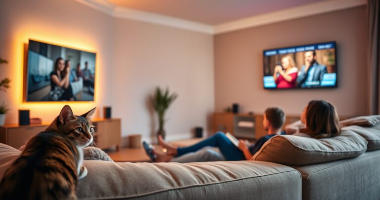A cozy living room with a sleek smart TV on a wall, soft ambient lighting casting a warm glow. A curious cat peeks at the TV, while a family lounges on a plush sofa, engrossed in a show. Subtle hints of technology surround them, like a remote and smart speakers, creating a blend of comfort and modernity.
