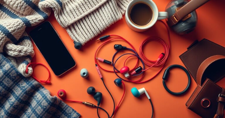 A vibrant, stylish flat lay featuring an array of earphones in various colors and designs, surrounded by stylish accessories like a sleek smartphone, a cozy blanket, and a steaming cup of coffee, all set against a warm, inviting background that evokes a sense of audio comfort and personal style.