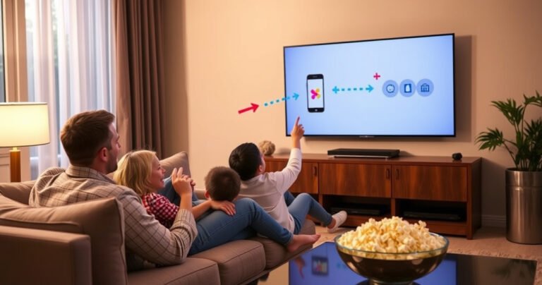 A cozy living room with a sleek flat-screen TV displaying a smartphone screen. A family sits on a comfortable couch, excitedly pointing at the TV. Colorful graphics illustrate the phone casting process, with arrows and icons. Soft lighting enhances the warm atmosphere, and a bowl of popcorn rests on the coffee table, inviting and engaging.