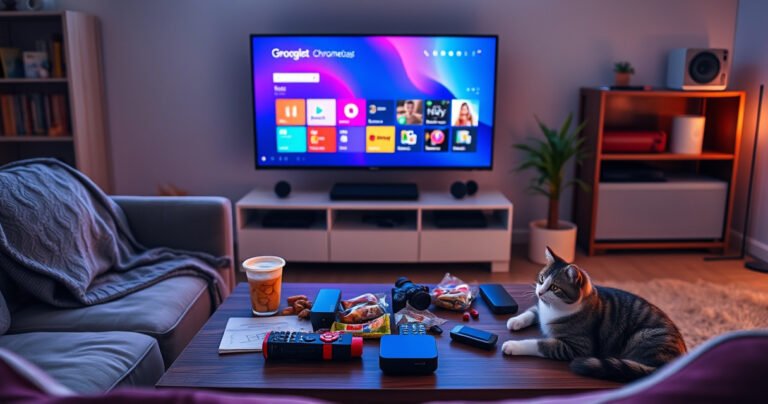 A vibrant living room scene featuring a modern flat-screen TV displaying a colorful Chromecast interface. A cozy sofa with a blanket, a coffee table cluttered with snacks, remote controls, and a smart device, all illuminated by soft, warm lighting. A playful cat lounges nearby, creating a welcoming atmosphere for tech-savvy viewers.
