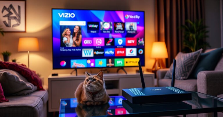 A sleek Vizio TV displaying vibrant streaming icons surrounded by a cozy living room setup, with a plush sofa, colorful throw pillows, and a warm glow from a nearby lamp. A curious cat sits nearby, gazing at the screen, while a modern router with blinking lights sits on a stylish coffee table, symbolizing connectivity.