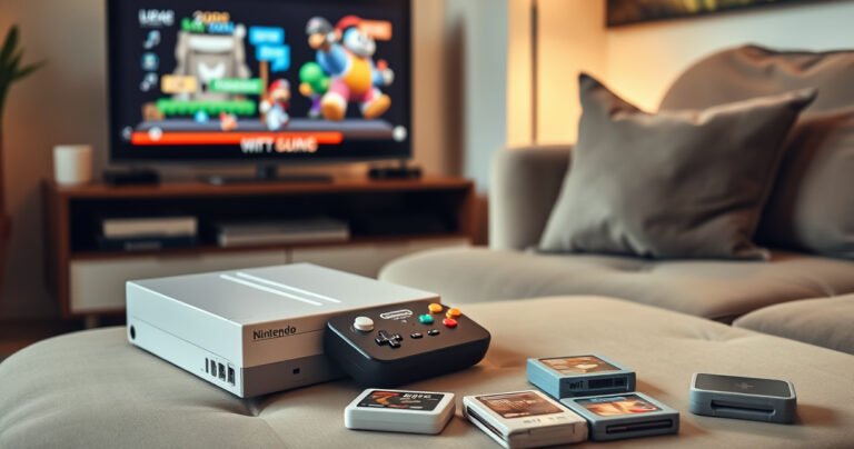 A cozy living room scene featuring a retro Nintendo Wii console next to a modern smart TV. The TV screen displays vibrant game graphics, while a colorful game controller lies on a plush couch. Soft lighting casts a warm glow, and a few classic game cartridges are scattered on a coffee table, evoking nostalgia and excitement.