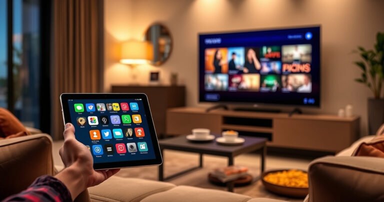 A sleek tablet displaying vibrant apps, connected to a large flat-screen TV streaming colorful visuals, surrounded by a cozy living room setting with a plush sofa, ambient lighting, and a coffee table with snacks, illustrating a seamless digital connection between devices, evoking a sense of modern convenience and entertainment.