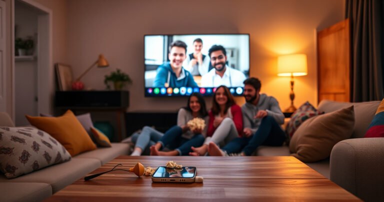 A cozy living room with a large flat-screen TV displaying a vibrant FaceTime call. Friends are smiling, sitting on a plush sofa with popcorn, colorful cushions scattered around. Warm ambient lighting creates a welcoming atmosphere, while a sleek smartphone rests on a coffee table, connecting the digital and physical worlds.