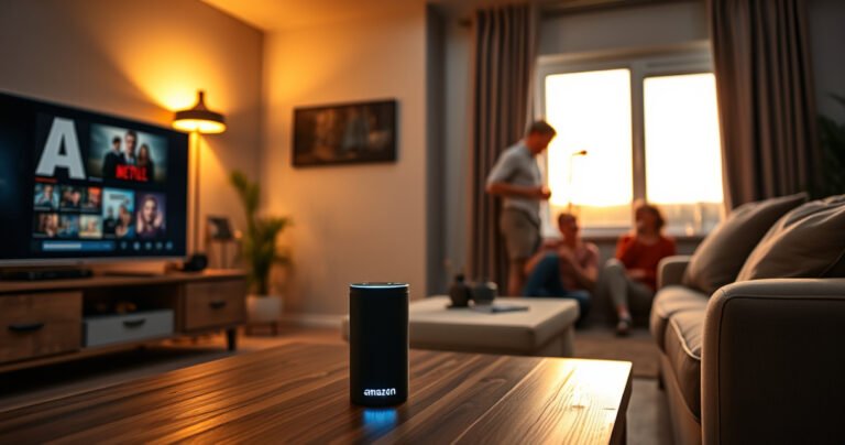 A cozy living room with a modern smart TV, dimmed lights, and a comfortable couch. A sleek Amazon Alexa device sits on a coffee table, glowing softly. In the background, a family gathers, excitedly discussing the latest shows, while a warm ambiance from a nearby window bathes the scene in golden sunset hues.