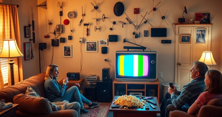 A cozy living room with a vintage TV, displaying colorful channels, surrounded by family members enjoying popcorn. A wall adorned with various antennas and streaming devices, a coffee table cluttered with remote controls, and a warm glow from a nearby lamp creating an inviting atmosphere, symbolizing the joy of accessible television options.