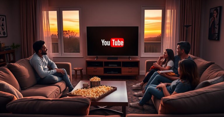 A cozy living room scene with a sleek smart TV displaying the YouTube logo, surrounded by plush sofas, a coffee table with popcorn, and a family joyfully gathered, illuminated by soft, warm lighting. A window shows a sunset outside, creating an inviting atmosphere for streaming entertainment together.