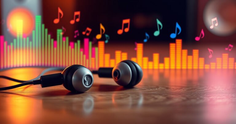 A close-up of a pair of sleek, modern earbuds resting on a wooden table, surrounded by colorful sound wave graphics. Vibrant visuals of music notes and volume bars float around, symbolizing sound amplification. Soft, warm lighting enhances the scene, evoking a sense of innovation and excitement in sound enhancement.