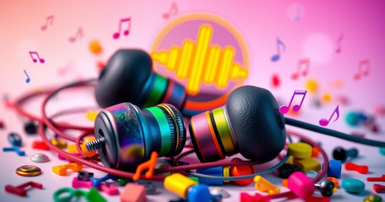 A close-up of colorful, sleek earphones nestled among scattered soundwave patterns and vibrant musical notes, with a bold volume symbol glowing in the background, surrounded by playful sound effects like bass vibrations and treble bursts, all set against a soft gradient backdrop that emphasizes the theme of enhancing audio experiences.