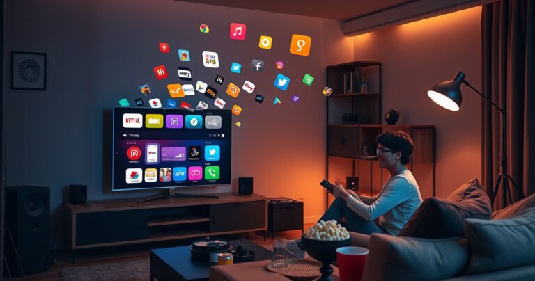 A cozy living room scene featuring a traditional TV transforming into a sleek smart TV, surrounded by modern tech gadgets, colorful streaming app icons floating in the air, a person happily setting it up with a remote, warm ambient lighting enhancing the inviting atmosphere, and a stylish couch with popcorn and drinks nearby.