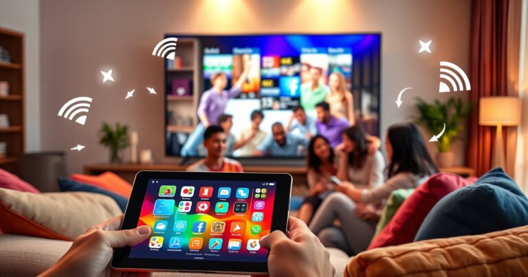 A modern living room with a sleek tablet displaying a vibrant app interface, mirrored on a large, high-definition TV. A diverse family gathered around, excitedly interacting, with colorful cushions and warm lighting creating a cozy atmosphere. Digital connection symbols like Wi-Fi and arrows subtly illustrated in the background, emphasizing the seamless tech integration.