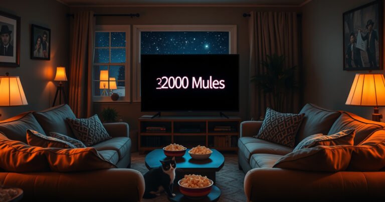 A cozy living room with a glowing smart TV displaying the title "2000 Mules," surrounded by plush sofas, dim ambient lighting, and popcorn bowls. A curious cat lounges nearby, while a window reveals a starry night outside, evoking a sense of comfort and intrigue for an engaging movie night.