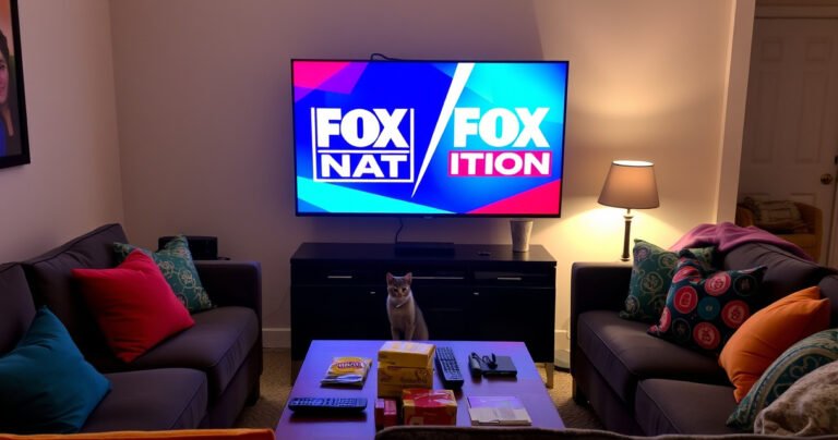 A cozy living room setup with a large flat-screen TV displaying the vibrant Fox Nation logo, surrounded by a plush sofa adorned with colorful throw pillows. Soft lighting creates a warm atmosphere, while a coffee table holds remote controls and snacks. A curious cat peeks from behind the sofa, adding a touch of homey charm.