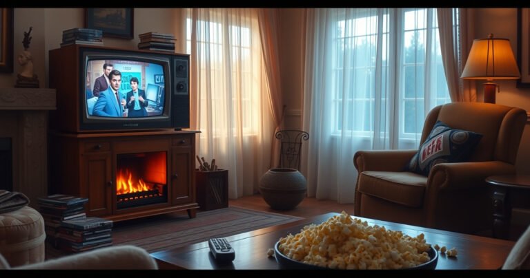 A cozy living room with a vintage wooden TV set displaying classic shows, surrounded by a warm glow from a fireplace. A comfy armchair and a small stack of DVDs sit nearby, while sunlight filters through sheer curtains, illuminating a coffee table adorned with popcorn and a remote control, evoking nostalgia and simplicity.