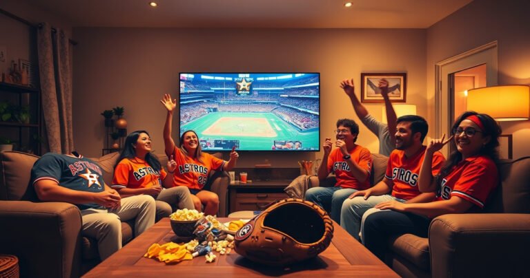 A cozy living room bathed in warm light, with a large flat-screen TV displaying a vibrant Astros game. A family of diverse fans, wearing Astros jerseys, cheers excitedly. Snacks like nachos and popcorn are scattered around, and a baseball glove rests on the coffee table, capturing the joyous atmosphere of game day.