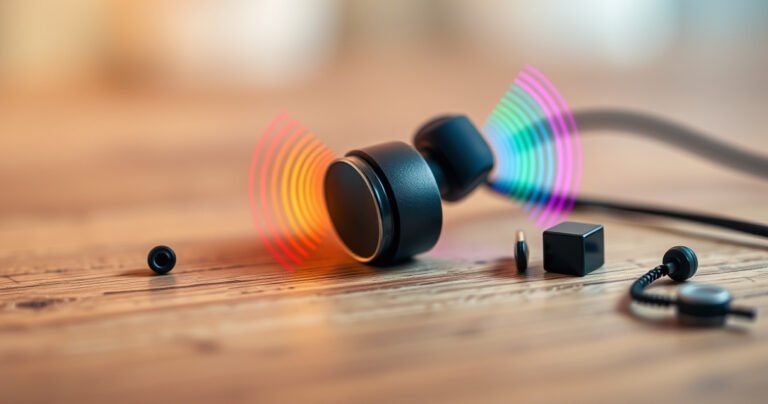 A close-up of intricately designed earbuds resting on a wooden surface, with vibrant sound waves visually emanating from them in colorful arcs. Surrounding the earbuds are small, detailed illustrations of sound components like tiny speakers and wires, all set against a soft, blurred background that suggests movement and sound, capturing the essence of audio technology.