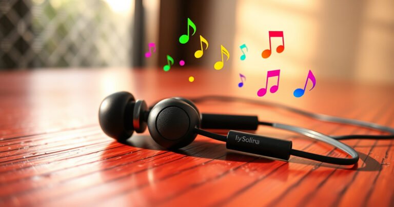 A close-up view of stylish earbuds resting on a vibrant wooden surface, surrounded by sound waves visually emanating from them, colorful musical notes dancing around. In the background, a subtle circuit board pattern hints at technology, while soft light creates a warm, inviting atmosphere that illustrates the blend of sound and connectivity.