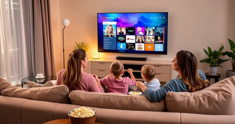 A cozy living room with a sleek smart TV displaying vibrant streaming options, a family gathered on a plush sofa, excitedly navigating the interface, a bowl of popcorn nearby, warm lighting creating an inviting atmosphere, modern decor blending technology and comfort, showcasing a hands-on, engaging experience in setting up Max for their evening entertainment.