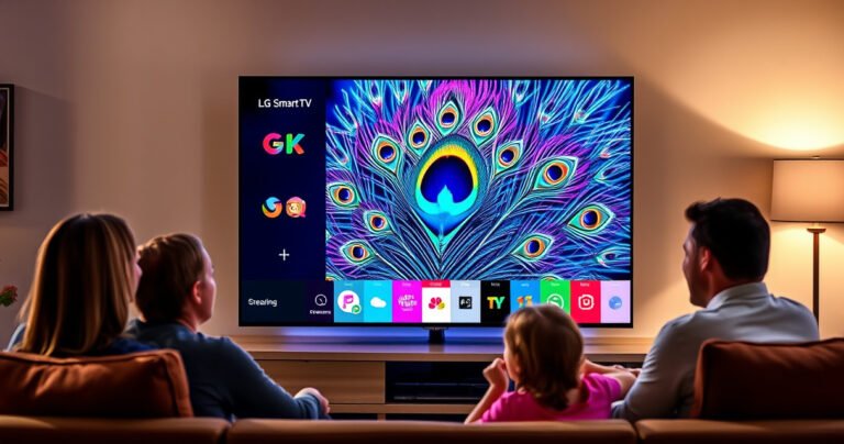 A sleek LG Smart TV displaying a vibrant peacock feather pattern, surrounded by colorful streaming icons and a cozy living room setting. Soft ambient lighting casts a warm glow, highlighting a family gathered around, engaged in a joyful viewing experience. The scene captures a blend of technology and home comfort, inviting readers to explore streaming possibilities.